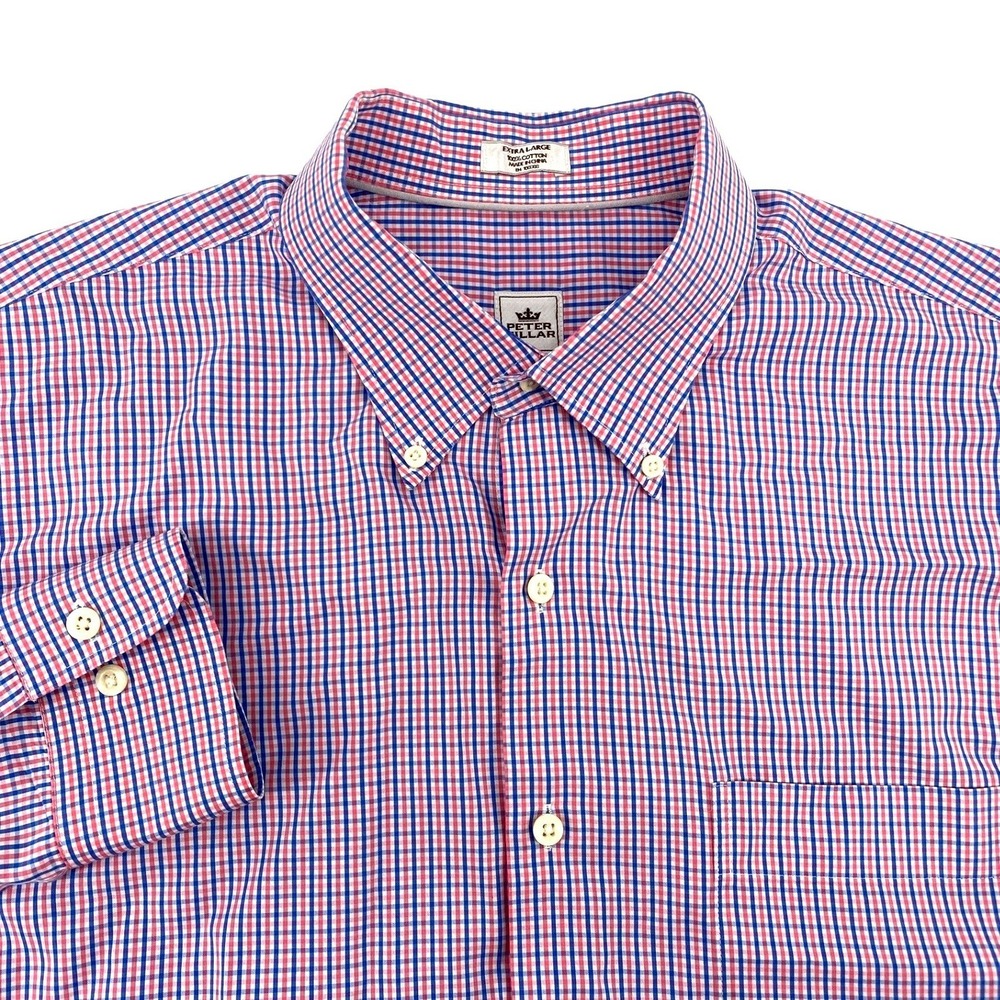 Peter Millar Men XL Button Down Shirt Hot Pink Blue Plaid Pattern Long Sleeve